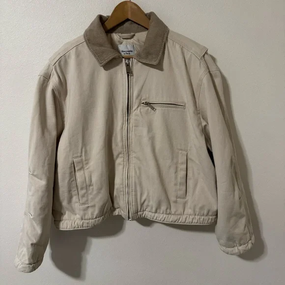 Abercrombie Crop Twill Workwear Jacket Cream Gray Corduroy Collar Streetwear-XL